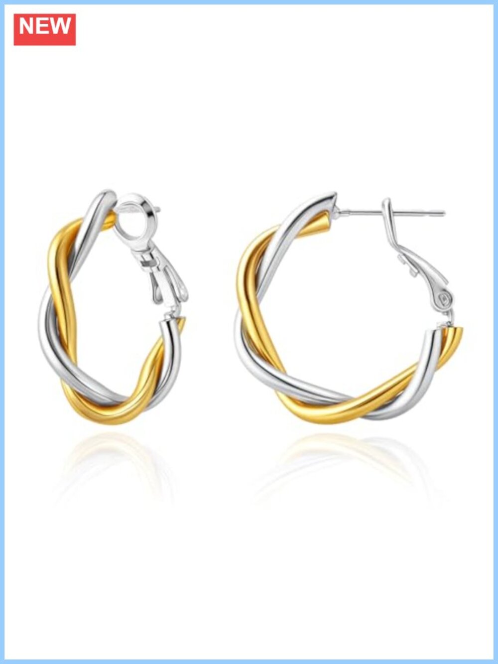 14K Gold Plated Sterling Silver Two Tone Twist Hoop Earrings Hypoallergenic